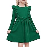 Arshiner Toddler Girl Dress Ruffle Ribbed Knit Long Sleeve A-Line Swing Fall Winter Bowknot Casual Dress with Pockets
