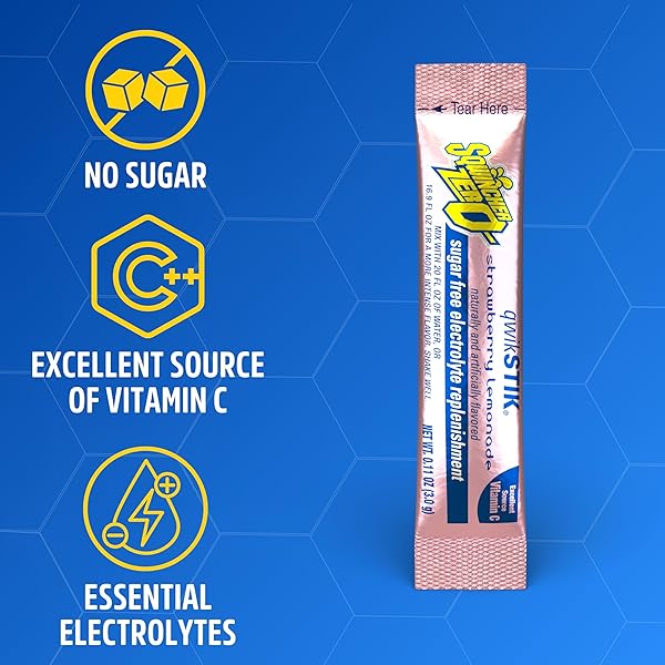 SQWINCHER ZERO QWIK STIK, STRAWBERRY LEMONADE, SUGAR FREE, LOW CALORIE, LOW SODIUM ELECTROLYTE POWDER HYDRATION DRINK MIX, .11 0Z PACKET (PACK OF 50)