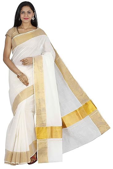 Women's Cotton Kerala Kasavu Saree with Running Blouse (SAKSA01041; Cream)