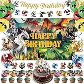 Inisajace Dragon Birthday Party Decorations Set - 44PCS Dragon Theme Decoration Happy Bday Backdrop Banner with Hanging Swirls Decor Magicall Cake Cupcake Toppers and Ballons Dinosaur Supplies