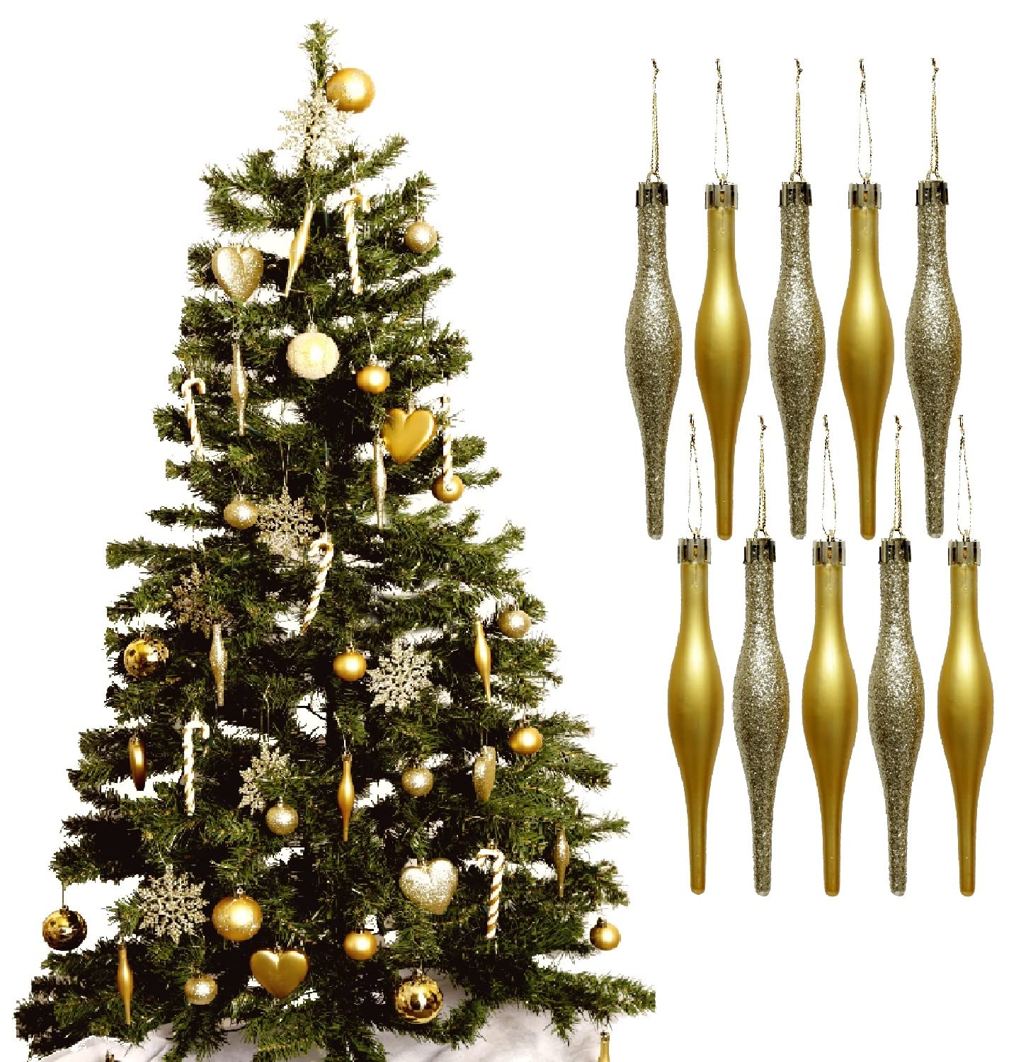 Simply Products 10 Droplet Baubles - Great Christmas Tree Decoration, Matte & Glitter Icicle Baubles (Gold Glitter & Matte)