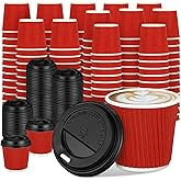 Uiifan 100 Set 4oz Disposable Espresso Cups with Lids Ripple Corrugated Paper Disposable Coffee Insulated Hot Ripple Cups for hot Chocolate, Tea, and Cocoa Drinks(Red)