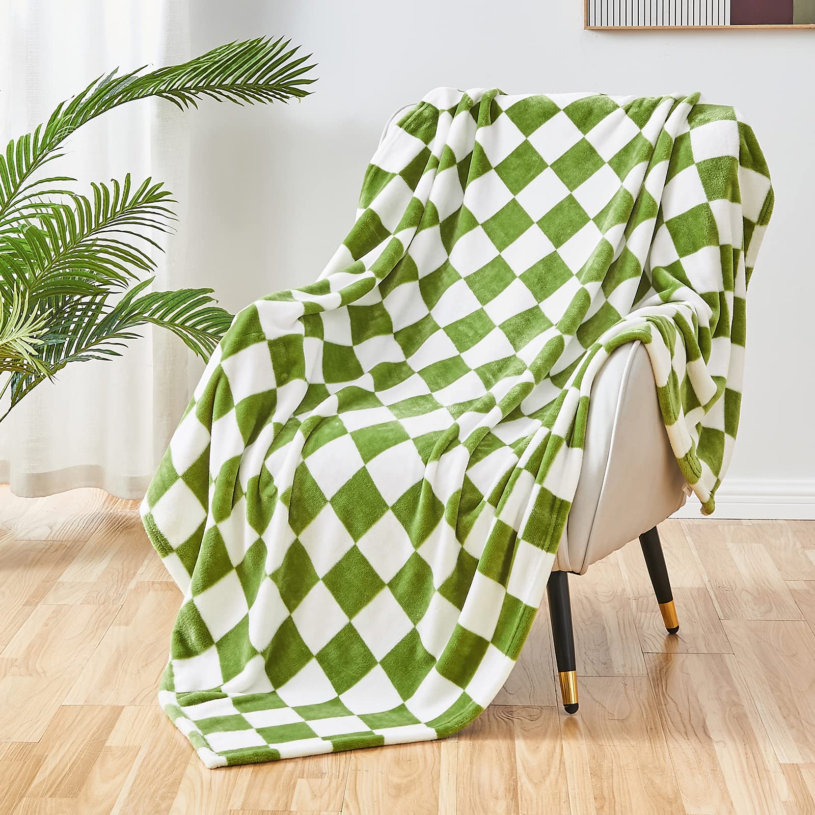 SOCHOW Checkered Flannel Throw Blanket, Soft Cozy Checkerboard Grid Pattern Fleece Blanket for Couch Bed Sofa, Sage Green 150cm x 200cm