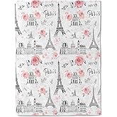 ainori Paris Romance Flannel Blanket - Parisian Eiffel Tower and French Architecture with Pink Rose Throw - Soft Cozy Gifts Blankets for Travel Lovers,Kids,Women,Romantic Room Decor 50x60in
