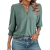 Dokotoo Womens Summer 2026 Hollow Out Blouses 3/4 Length Sleeve Business Tops Dressy Casual V Neck Cute T-Shirts