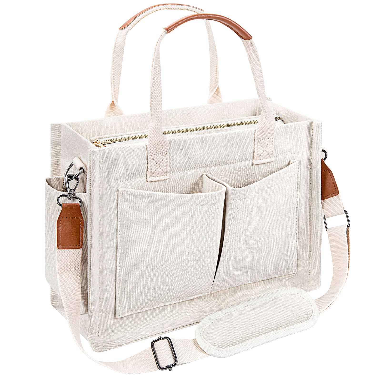 Photo 1 of MIAOJIE Tote Bag for Women, Canvas Tote Bag with Pockets Laptop Work Crossbody Purse Travel Bags with Shoulder Strap Everyday Satchel Shoulder Handbags - Fashion Beige