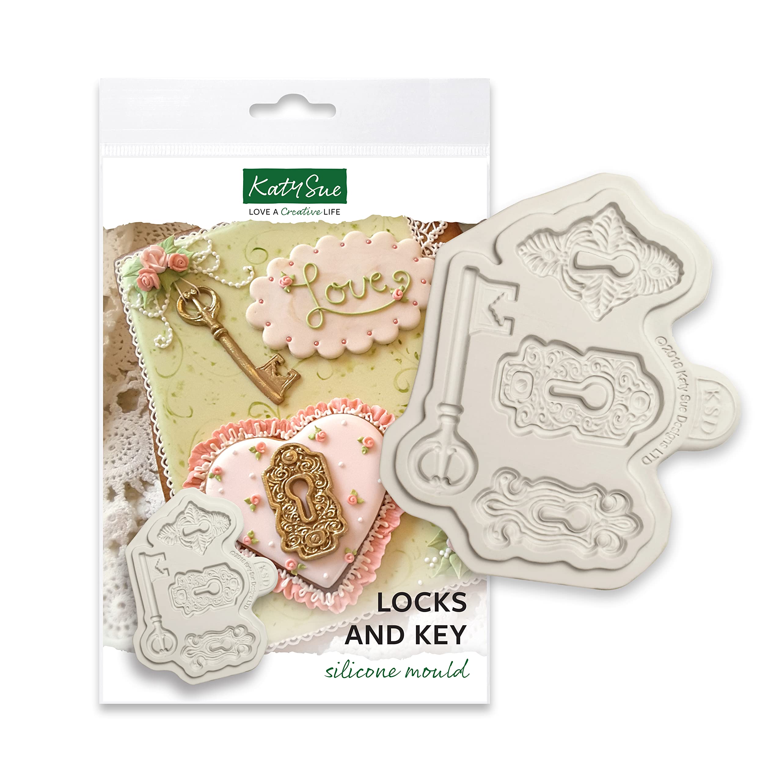 Katy Sue Locks & Key Silicone Mould for Cake Decorating & Crafts for Fondant & Air Dry Clay from Katy Sue Fondant Moulds. Makes 3 Locks & 1 Key. Lock Plates 50 Tall x 30 Wide, Key 70 x 24 Millimetres