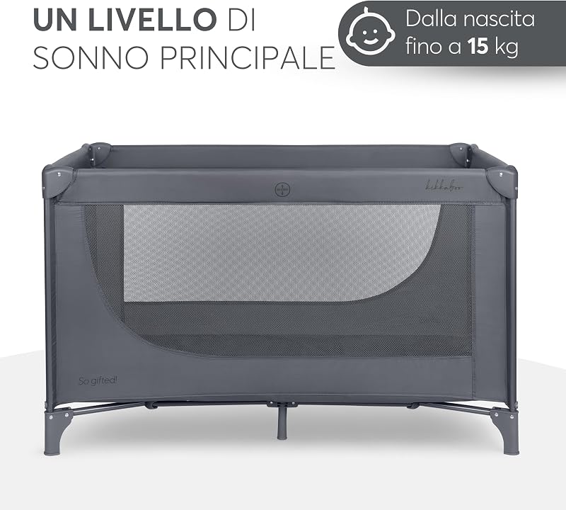 KikkaBoo Lettino da Campeggio SO GIFTED 2026, Culla Neonato da Viaggio 120x60 cm, Fino a 15 kg, Pieghevole, Portatile e Compatto, Borsa da Trasporto, Grigio Scuro