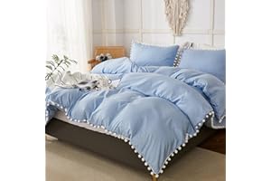 Bedbay Blue Duvet Cover King Farmhouse Bedding Set Cute Pom Pom Fringe Soft Microfiber Aesthetic Bedding Boho Duvet Cover Set 3 Pcs Christmas Decor(Conflower Blue,King)