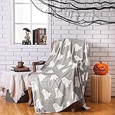 Buryeah Halloween Ghost Blanket Double Sided Ghost Fleece Throw Blanket 50 x 60 Inches Lightweight Cozy Soft Warm Blanket for Home, Camping, and Halloween (Grey)