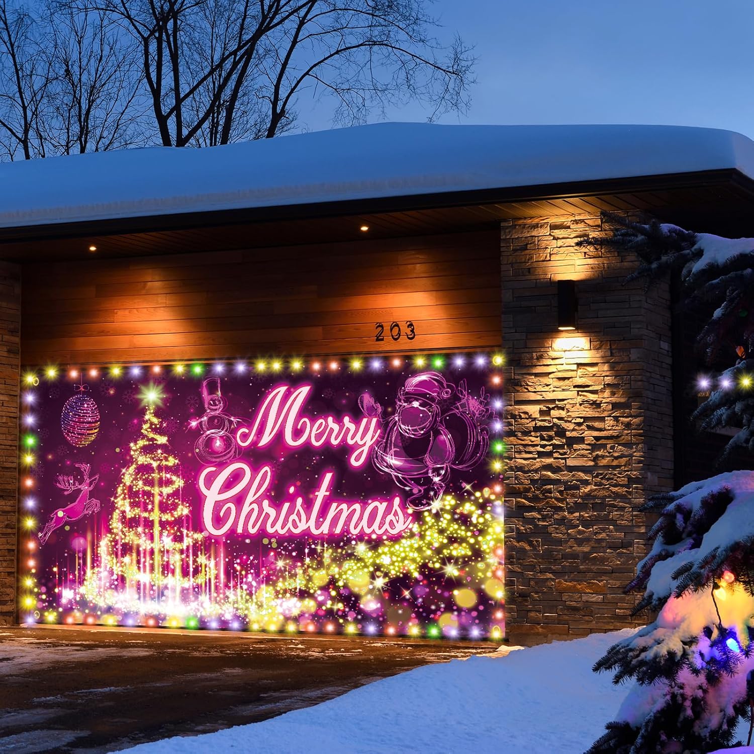 Garage Door Decorations - Crenics Lighted Christmas Garage Door Decorations, 7 x 16 Ft Creative Christmas Garage Door Cover Banner, Indoor Outdoor Xmas Holiday Decorations