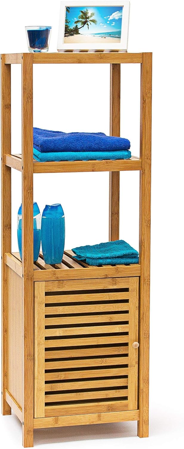 Relaxdays Bamboo Bathroom Shelves, 110 x 36.5 x 33 cm, Rack with Wooden Door Free Shelf Wood 4