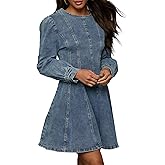 SOMTHRON Women's Long Sleeve Denim Mini Dress Crewneck Ruffle Flare A Line Fall Short Jean Dress