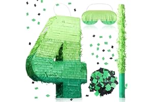 WinnerWhy Number Piñata Decorations 16 Inch Gradient Green Number Piñata with Blindfold Stick and Confetti for Birthday Baby Shower Safari Jungle Themed Party Supplies Centerpiece