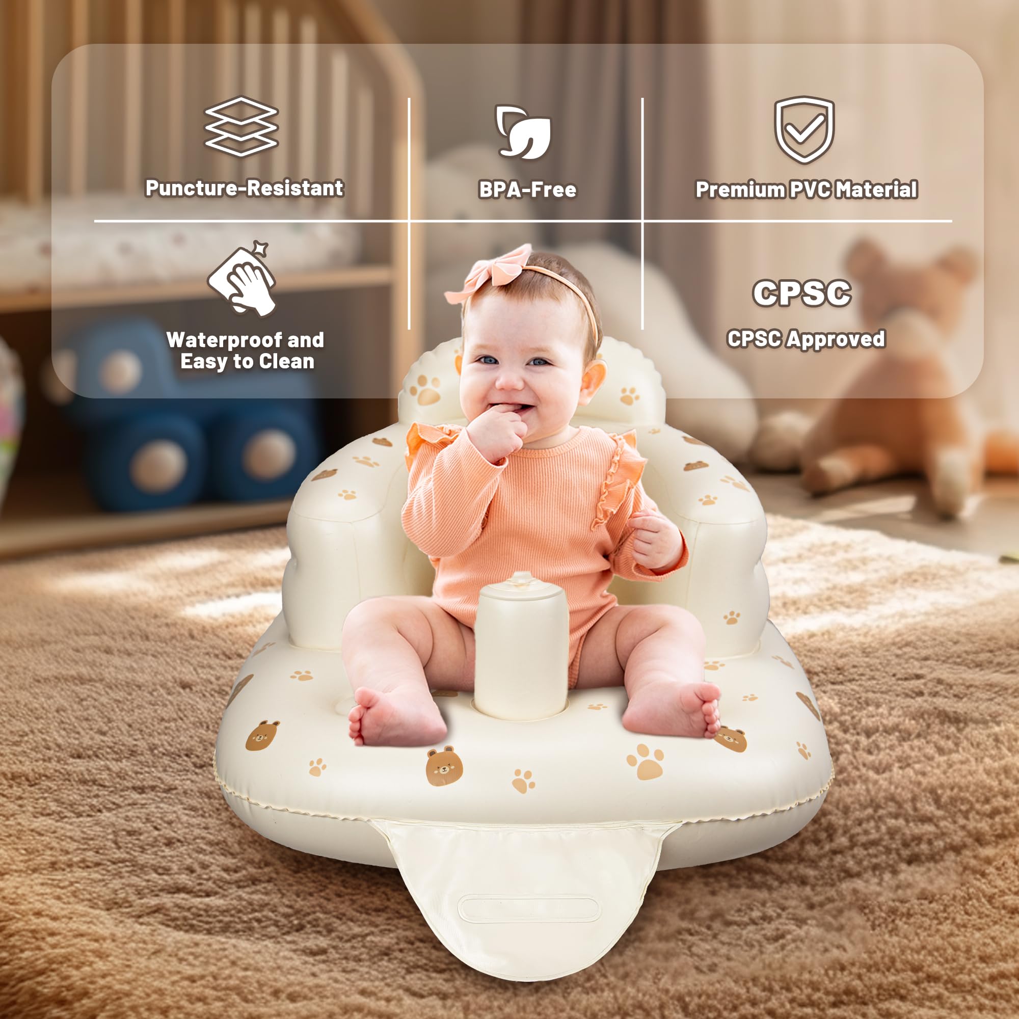 JOSEN Inflatable Baby Seat for Babies 3 Months & Up, Baby Floor Seats Learn to Sit Up, Portable Infant Feeding Shower Chair, Blow Up Baby Chair with Built in Air Pump - Cute Bear