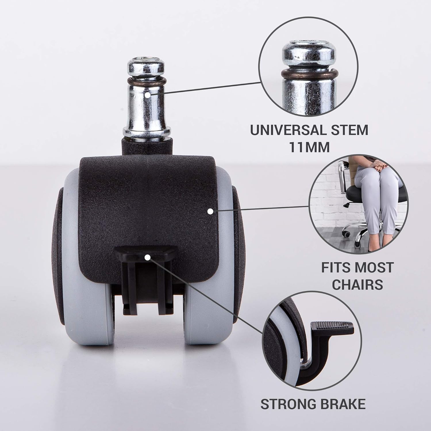 (for 1 Chair) 50 mm Rubber Chair Wheels Office Chair Castors Replacement Wheels Twin Castors Swivel Wheels Universal Stems for Replacement Casters No Scratches Wheel Brake (5) - Image 4