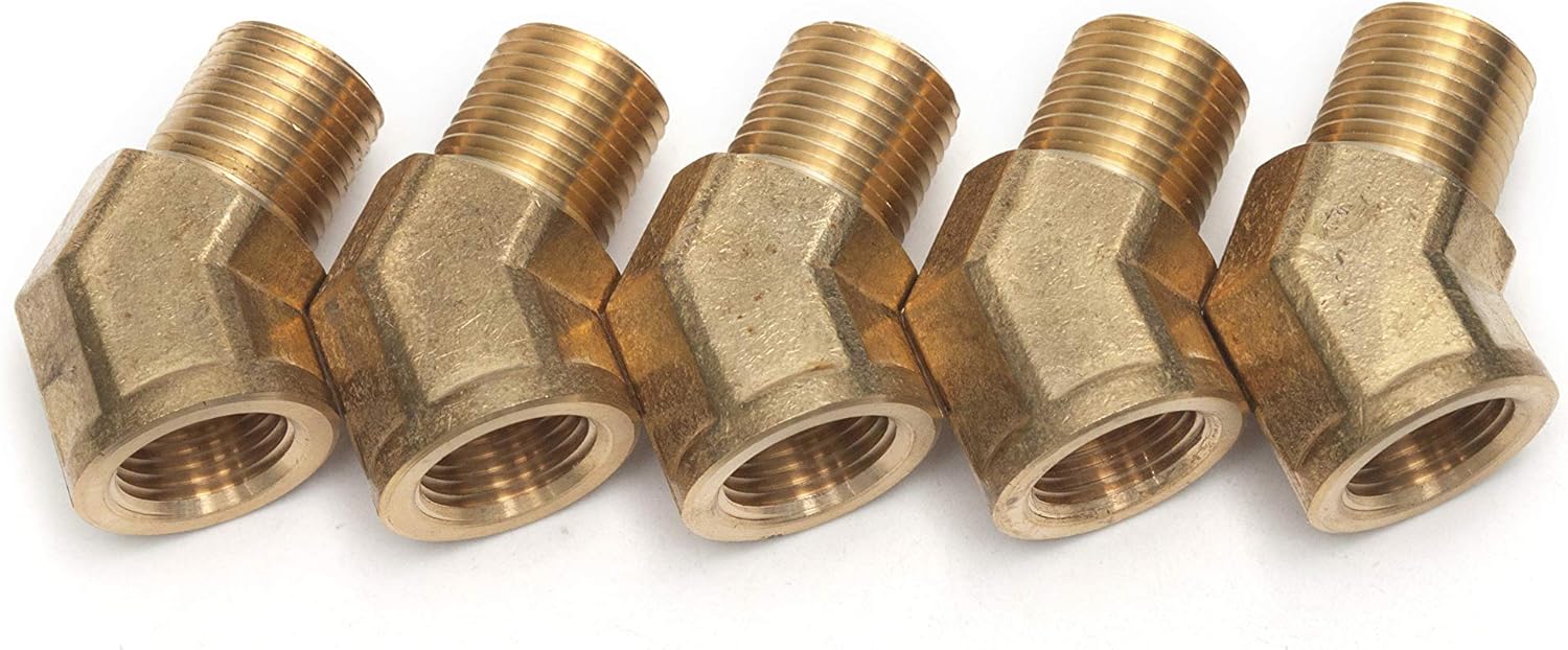 LTWFITTING Brass Pipe 45 Deg 1/2-Inch BSPT Street Elbow Forged Fitting Fuel Air Boat (Pack of 5), 1/2" BSPT Female x 1/2" BSPT Male