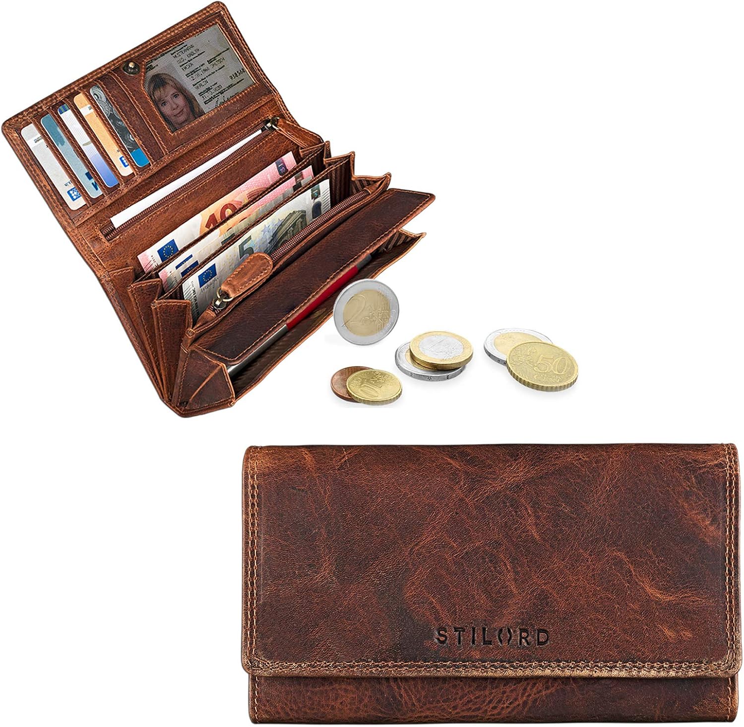 STILORD 'Hannah' Vintage Leather Wallet for Women with RFID Blocker Purse with Zipper Horizontal Large 5 x Card Holder Genuine Cow Hide Antique Leather - Image 3