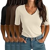 Locoowai 4 Pack Elbow Length Tee Shirts for Women V Neck Half Sleeve T Shirts Slim Fit 1/2 Sleeve Tops Basic Tees