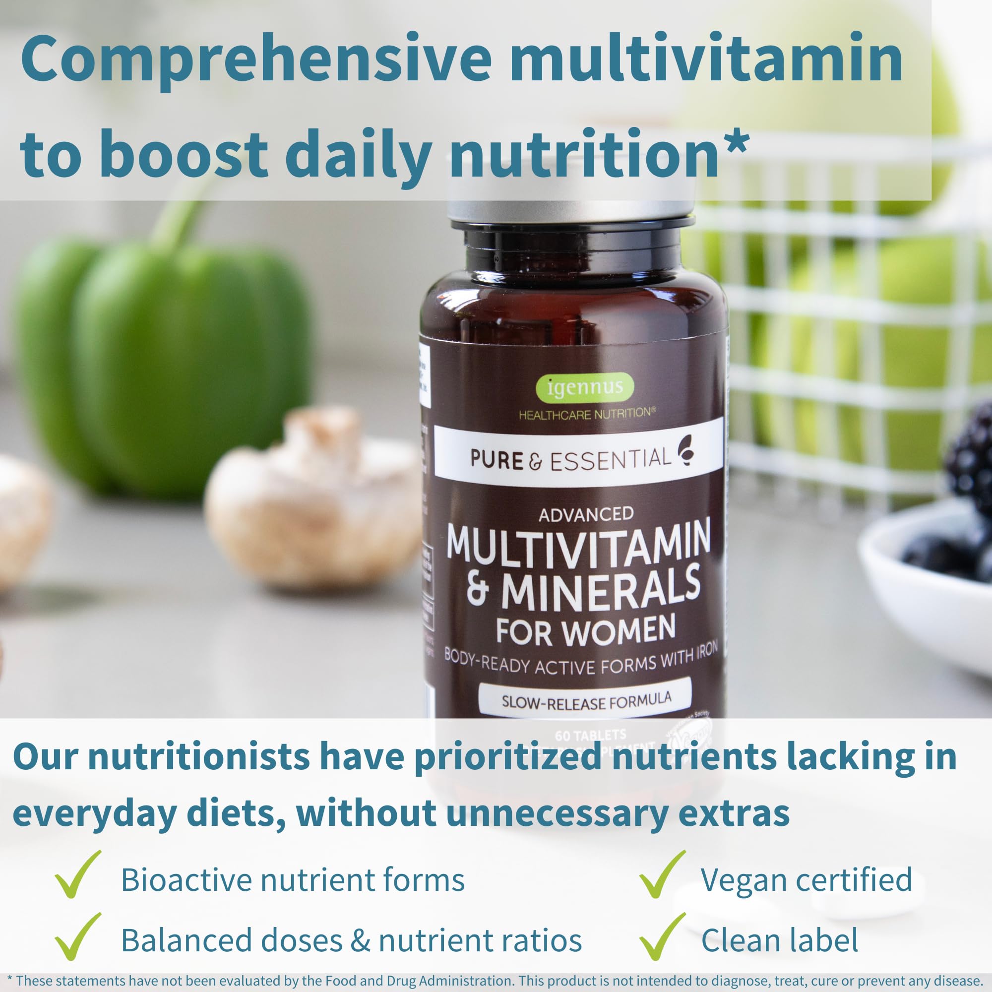 Igennus High Potency Methylated Multivitamin for Women, Pure & Clean Ingredients, MTHFR Supplement with Active B-Vitamins, Vitamin K2 MK7, Gentle Iron, Sustained Released, Non-GMO & Halal, 180 Tablets