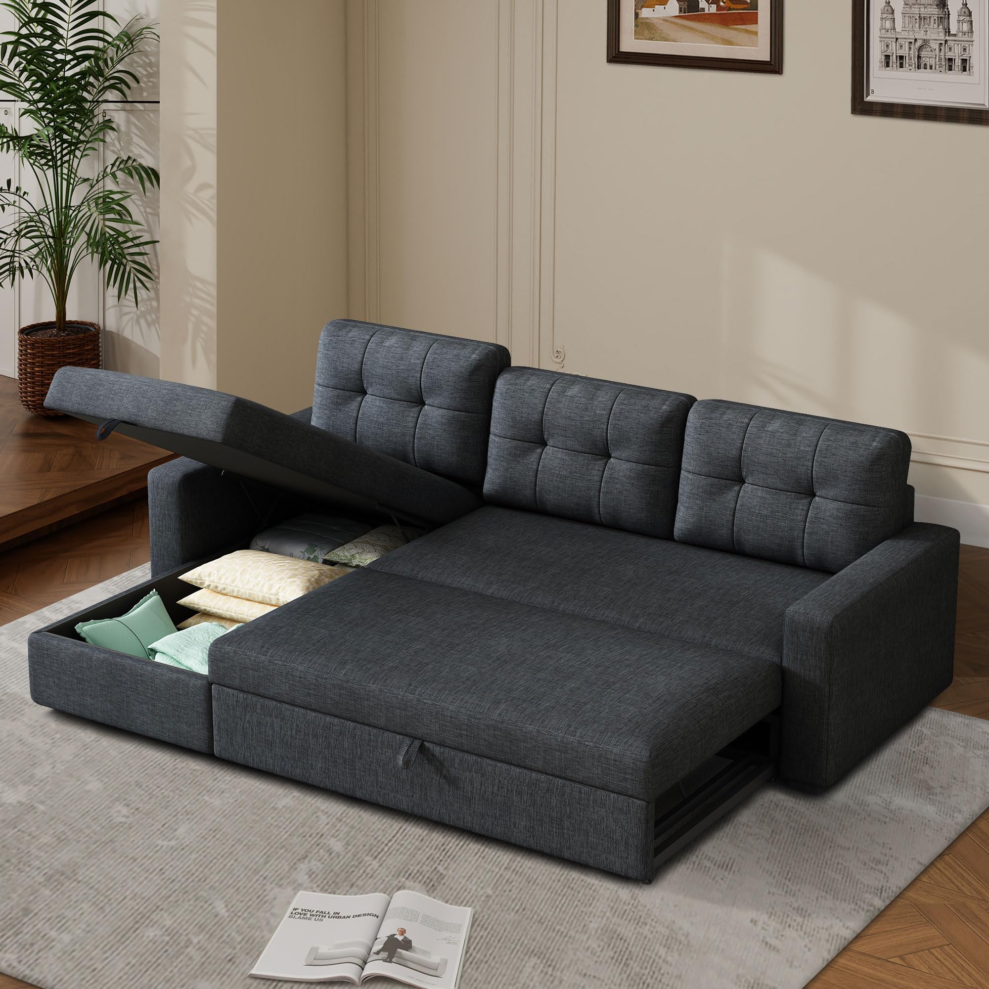 Photo 1 of **1 BOX OF 2***Ball & Cast 81.5" Sectional Sofa Couch, Linen Upholstered Sleeper Sofa Bed with Reversible Storage Chaise,L Shaped Pull Out Couch with Removable Back Cushion for Living Room,Apartment,Dark Grey