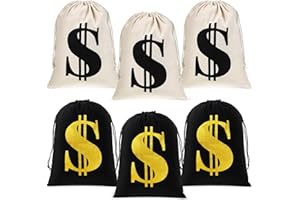 Sunnymove 6 Pcs Large 11.8 x 15.7 Inches Money Bag Prop Canvas Drawstring Money Bag Dollar Sign Carrying Sack for Bank Robber Pirate Cowboy Cosplay Theme Halloween Party Favors (White and Black)