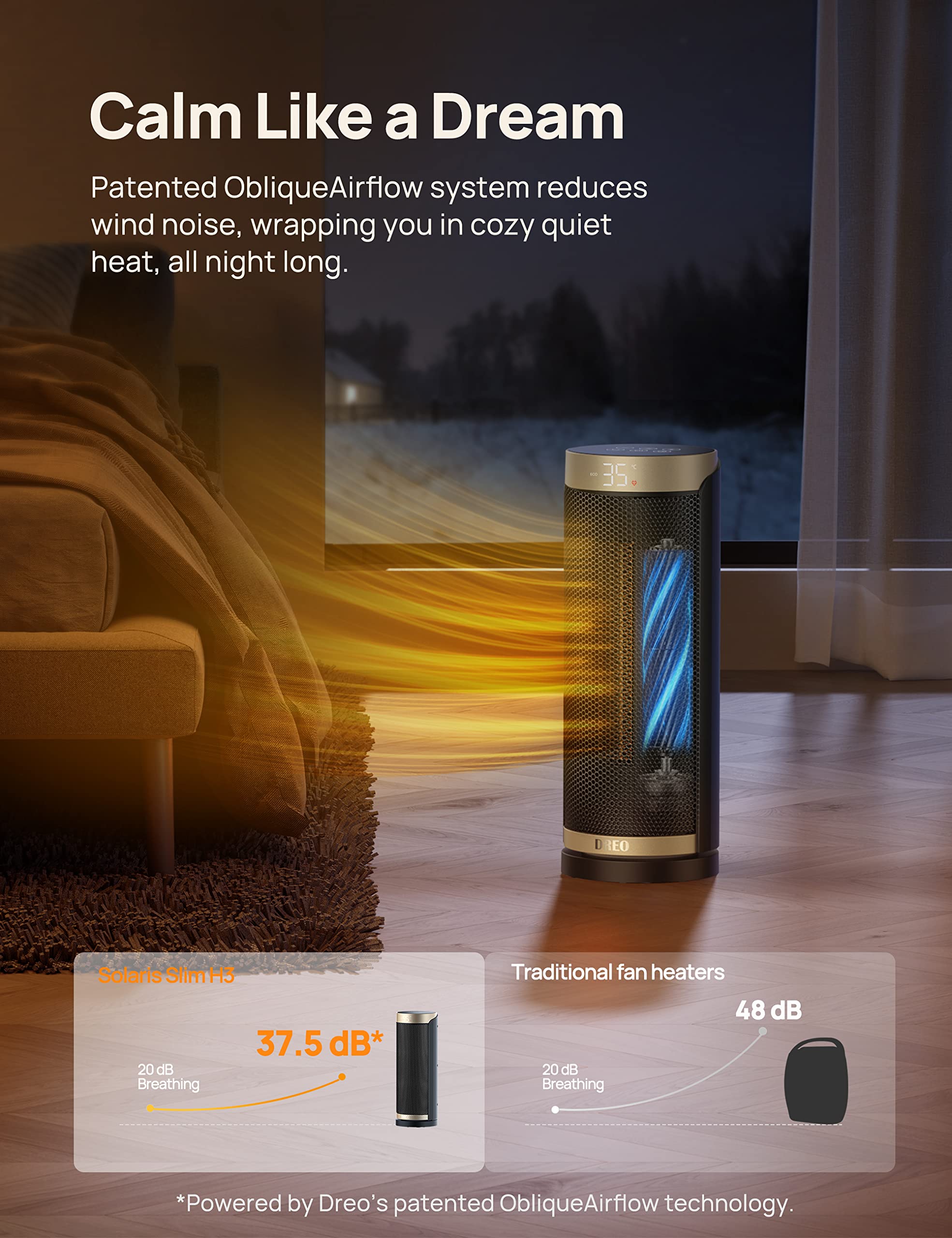 Dreo 16 Inch Electric Heater for Home, 34dB Silent Ceramic Heater, 70° Oscillation Space Heaters Energy Efficient, 3-Mode 3-Speed, Overheating & Tip-Over Protection, 12H Timer, Solaris Slim H3