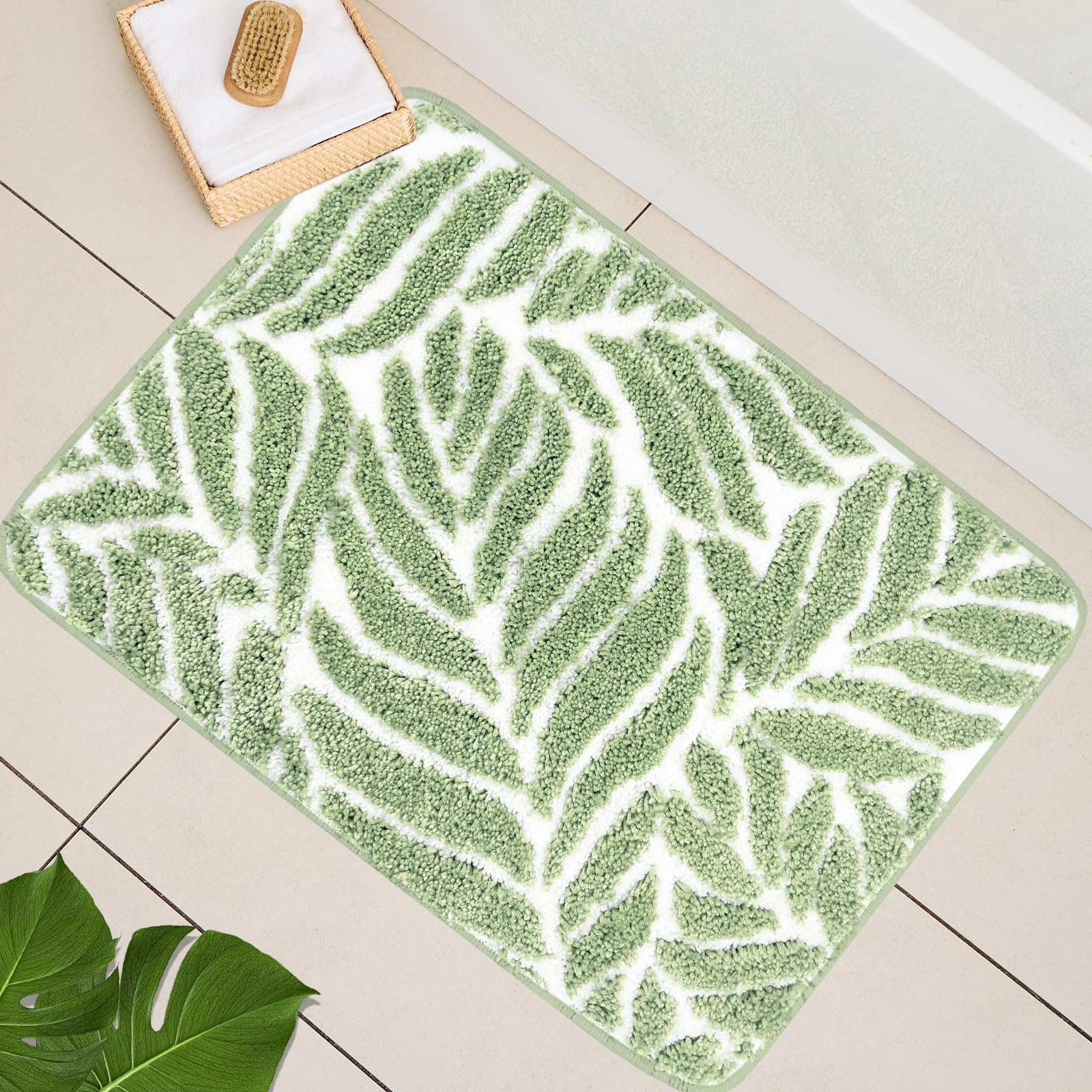 Homantic Sage Green Bathroom Mat - Small Non-Slip Bath Mat for Sink & Bathtub, Water Absorbent Leaf Green Decor 50 x 80cm
