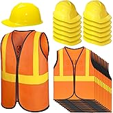 SATINIOR 24 Pcs Construction Birthday Party Supplies Kid Construction Hat and Vest Worker Costume Kids Role Play Dressing up