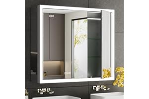QueenFun 36x30 LED Medicine Cabinet With Mirror, Surface or Recessed Lighted, Dimmable Fogless Aluminum With Outlet, Time Display & Built-in Sensing Light