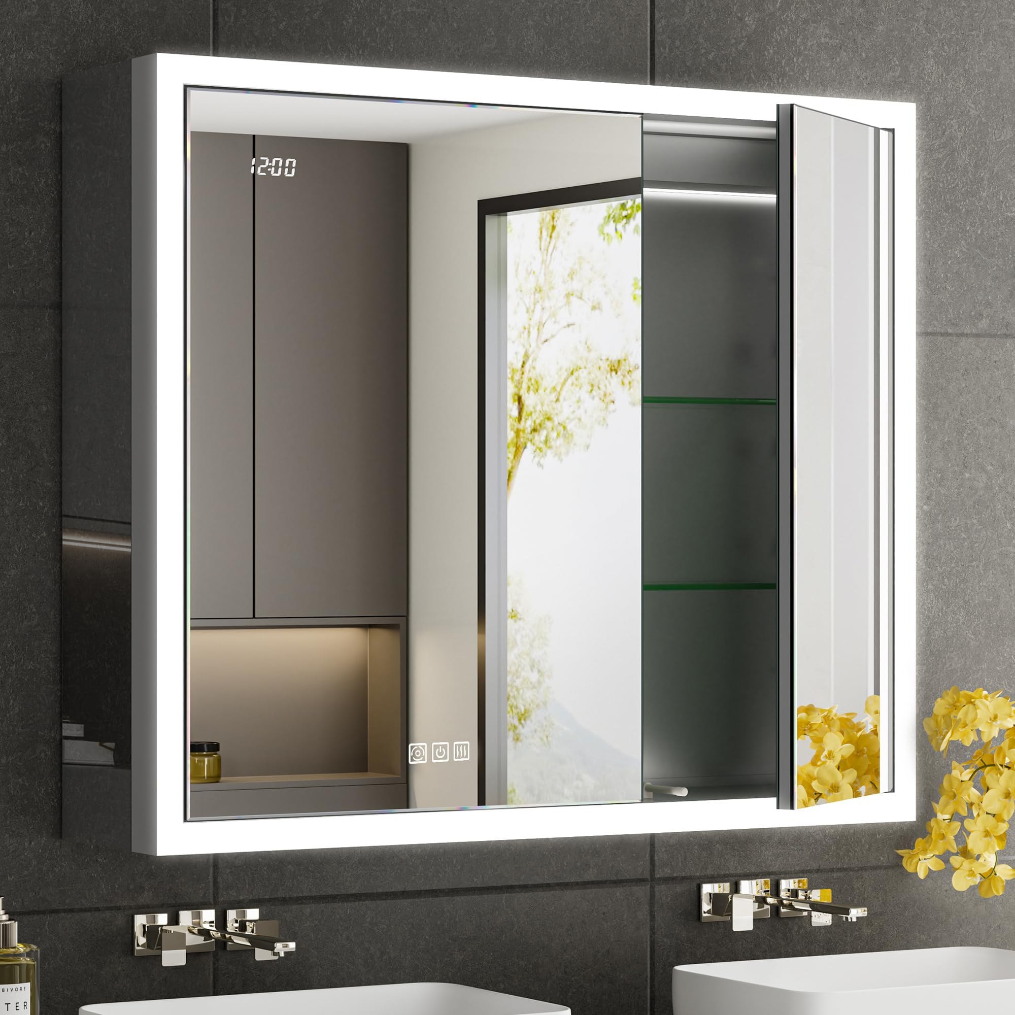 Photo 1 of QueenFun 36x30 Lighted Medicine Cabinet with Mirror & Clock -Surface or Recessed Aluminum Medicine Cabinet with Dimmable Light & Outlet, Anti-Fog, Built-in Sensing Light, Assembly-Free