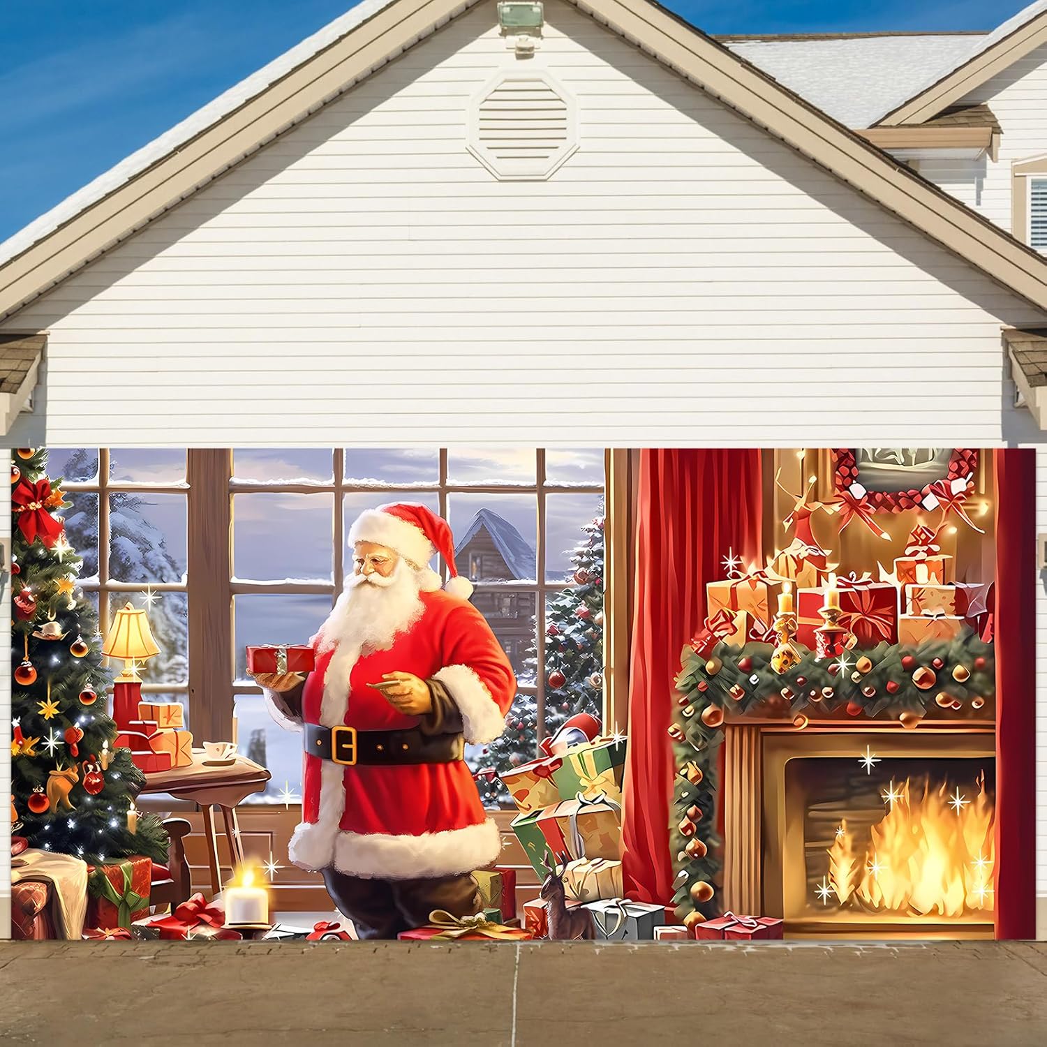 Garage Door Decorations - Christmas Banner Garage Door Decorations Christmas Backdrop Decoration Winter Large Door Cover Decoration Indoor Outdoor for Christmas Holiday Party Supplies (Warm)