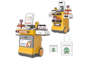 POFJOEQ Cash Register Playset for Kids 48pc Set- Pretend Play Money, Calculator, Scanner, Credit Card Machine, Conveyors, and Play Food - Educational and Fun Toy for Boys and Girls Ages 3 and Up