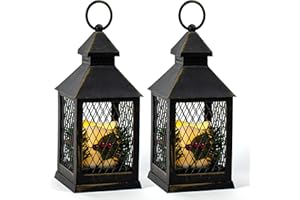 Yongmao Christmas Decorative Lantern LED Candle with Timer Vintage Christmas Black Distressed Pine Holly Berry Barbed Wire Hanging Lantern for Indoor Outdoor Home Christmas Decor