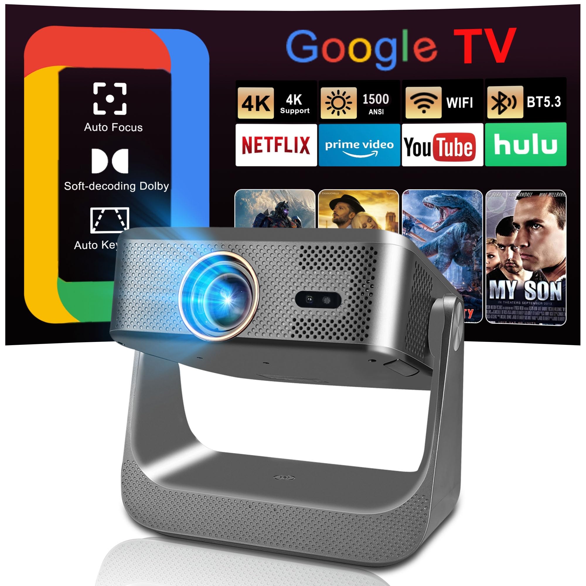 Photo 1 of ?Official Licensed GTV?Smart TV Projector with WiFi and Bluetooth, Outdoor Portable Projector Native 1080P, 1500 ANSI, Voice Input, Auto Focus, 4K Supported, Mini FHD Home Movie Proyector iOS/Android