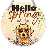 Hello Spring Wooden Hanging Sign, 12'' Cute Golden Retriever & Flowers Round Wood Plaque Front Door Sign for Dog Lovers, Rustic Home Wall Decor for Outdoor Porch Decor, Gift for Pet Owners-A05