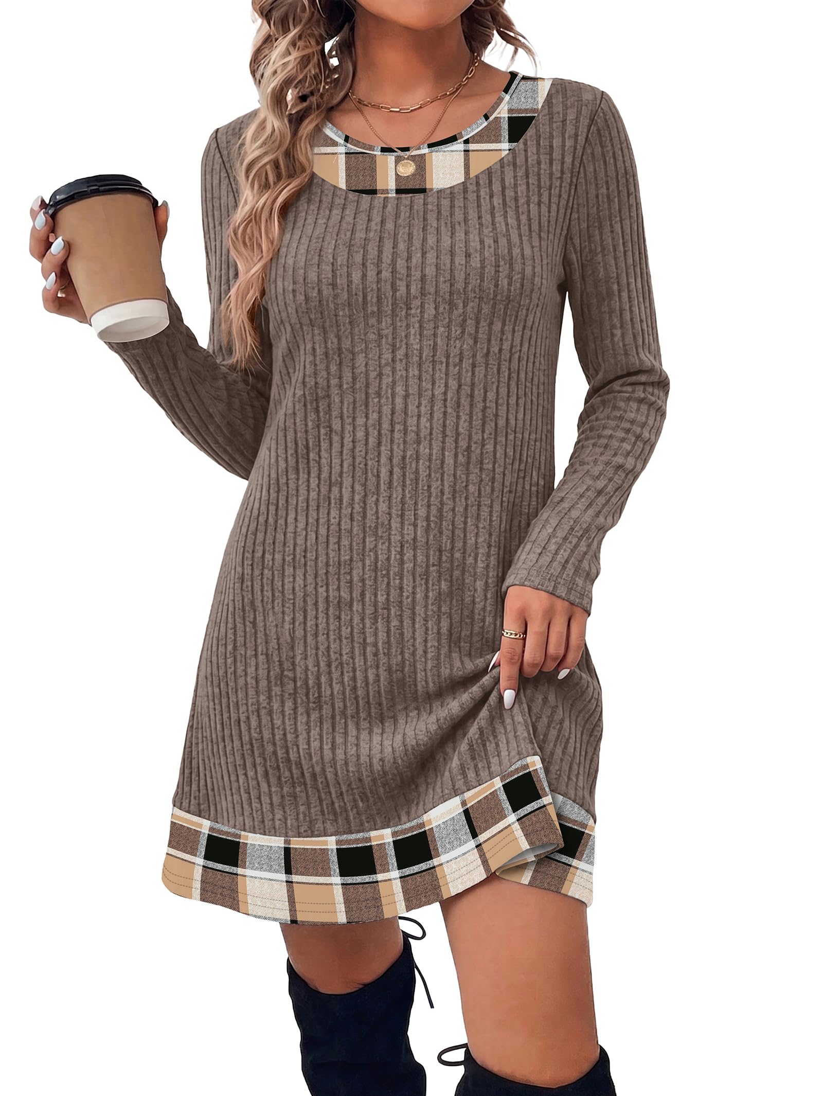 OFEEFAN Fall Dresses for Women 2026 Long Sleeve Sweater Dress Color Block | Side Pockets, Ribbed, Lightweight, Winter Clothin