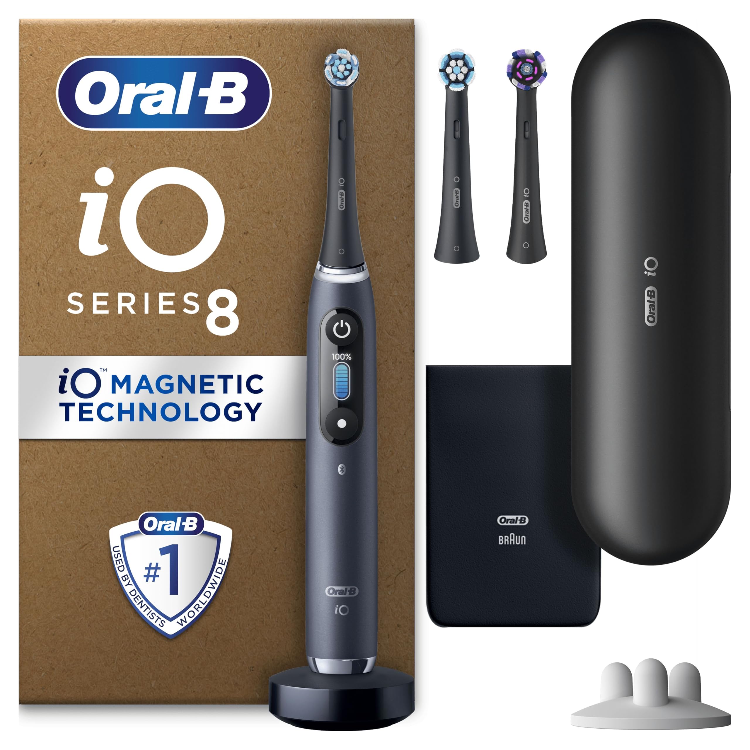 Oral-B iO8 Electric Toothbrush For Adults, App Connected Handle, 3 Toothbrush Heads, Travel Case & Toothbrush Head Holder, 6 Modes, Teeth Whitening
