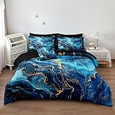 Merryword Blue Gold Marble Comforter Set Queen Size 8 Pcs Bed in a Bag Aesthetic Marble Comforter Set Blue Gold Metallic Bedding Set for All Seasons