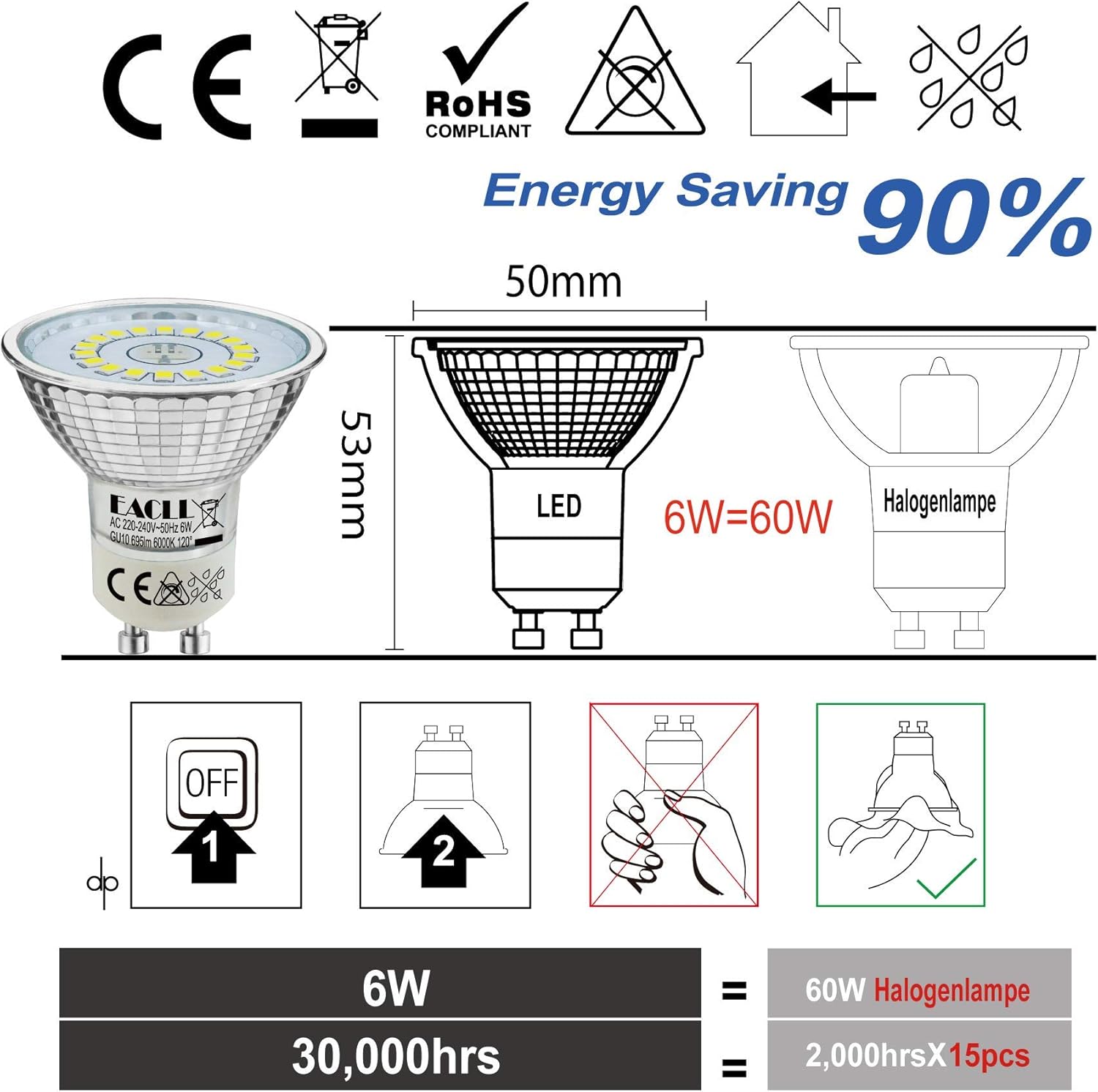 EACLL GU10 LED Bulb Cool White 6W Equivalent 90W Halogen, 6-Pack, 850 Lumens 6000K, AC 230V No Flicker Spotlight - Image 5