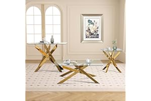 AF ARTISAN FURNITURE Gold Glass Coffee Table End Side Table and Console Table Set of 3, Coffee Table Set with Tempered Glass & Gold Geometric Metal Legs, 3 Piece Living Room Table Set for Bedroom Home Office