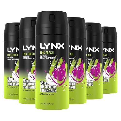 Lynx Men Epic Fresh grapefruit & tropical pineapple scent Deodorant Body Spray for 48 hours high definition fragrance 150 ml, Pack of 6