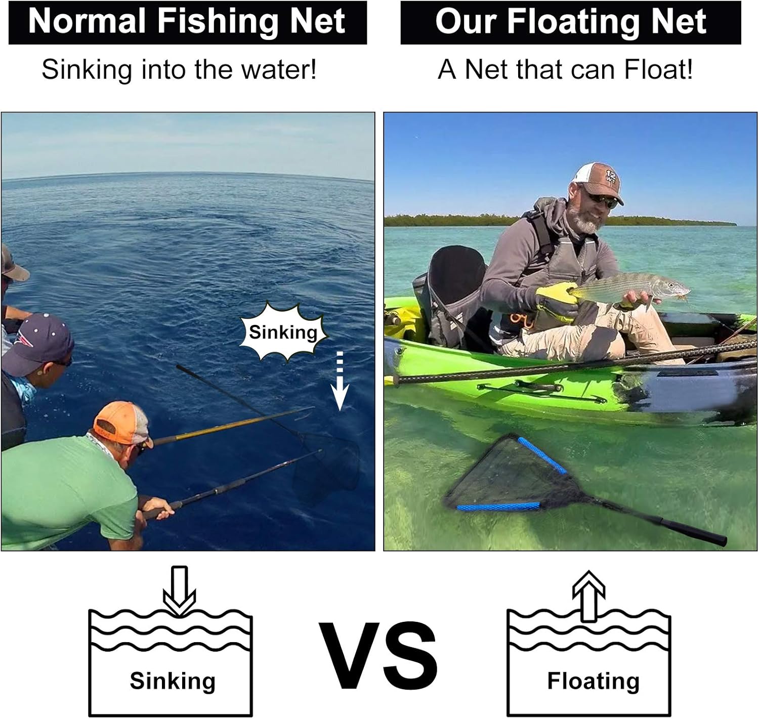 PLUSINNO Fishing Net, Floating Rubber Coated Landing Net - Easy Catch Release, Foldable Fishing Net for Easy Transport Storage for Bass Trout Catfish Pike Salmon Fly Kayak Fishing : Sports & Outdoors