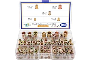 Tkiaea Rivet Nuts Kit - 80Pcs Carbon Steel Zinc Plated Rivnut, Flat Head Threaded Insert Rivets Assortment (#8-32#10-24 1/4"-20 5/16"-18 3/8"-16 UNC)