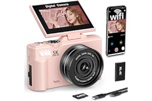 FLATIC Digital Camera, 5K 75MP Cameras for Photography with WiFi & 64GB TF Card, Autofoucs Vlogging Camera for YouTube with 180° Flip Screen, Compact Vlog Travel Camera Kit for Beginner, Teens (Pink)