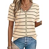 Dokotoo Cardigan Sweaters for Women Spring Summer Short Sleeve Crochet Striped V Neck Button Casual Lightweight Knit Tops