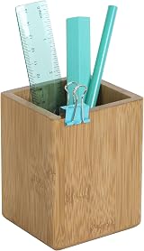 Osco Bamboo Square Pen Pot Desk Tidy 10.2 cm Office Organizer view 3