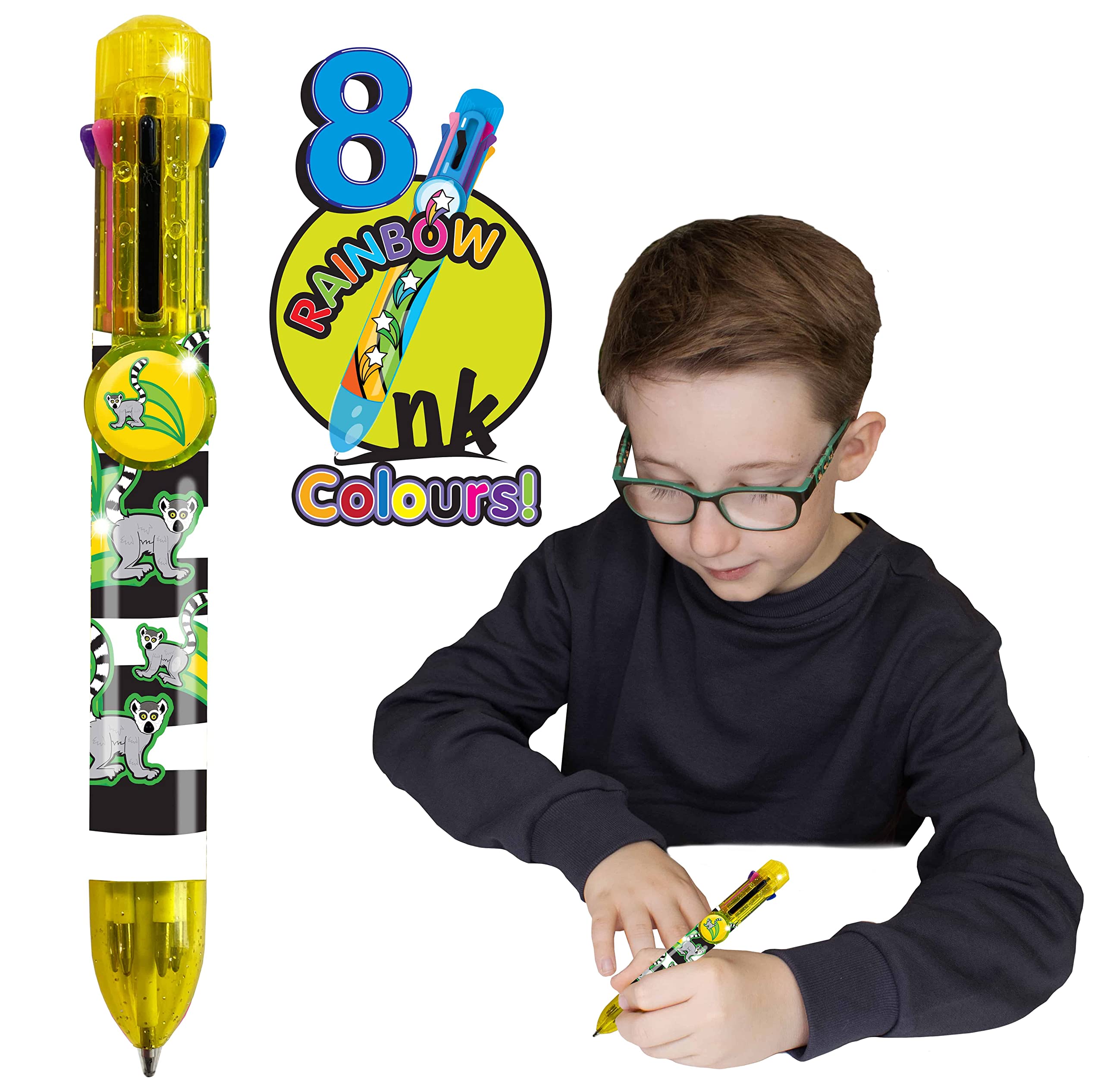 Rainbow Writer - Ring-Tailed Lemur Pen by Deluxebase. 8-in-1 Multicolour Retractable Ballpoint Pen with a Yellow Glitter Barrel, Fun Novelty Kids Stationery, School Supplies or Party Bag Filler.