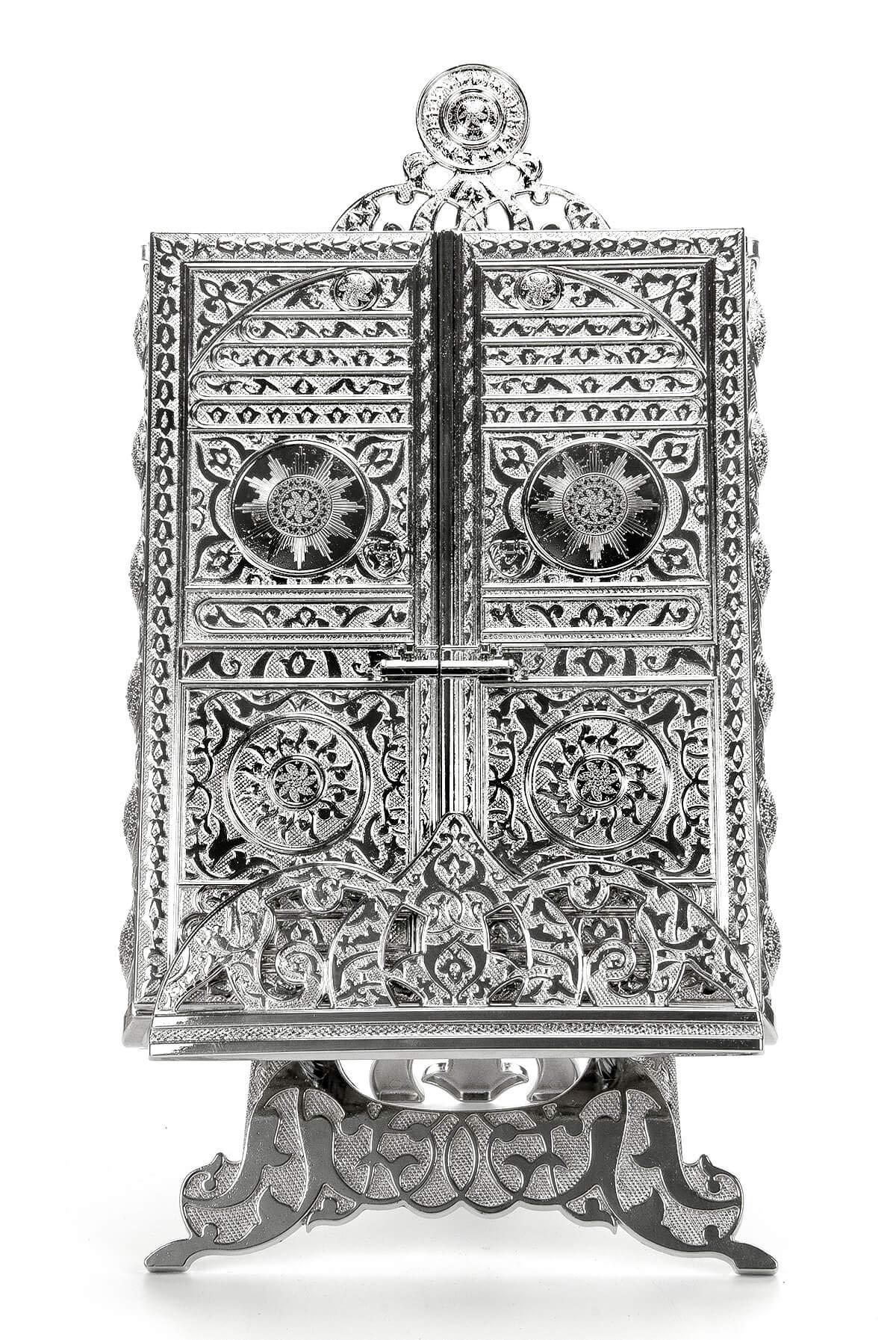 Islamic Metal Quran Box with Stand, Kaaba Door Motif, Islamic Decorations for Home, Muslim Home & Table Decor, Perfect Islamic Gifts, Color: Silver