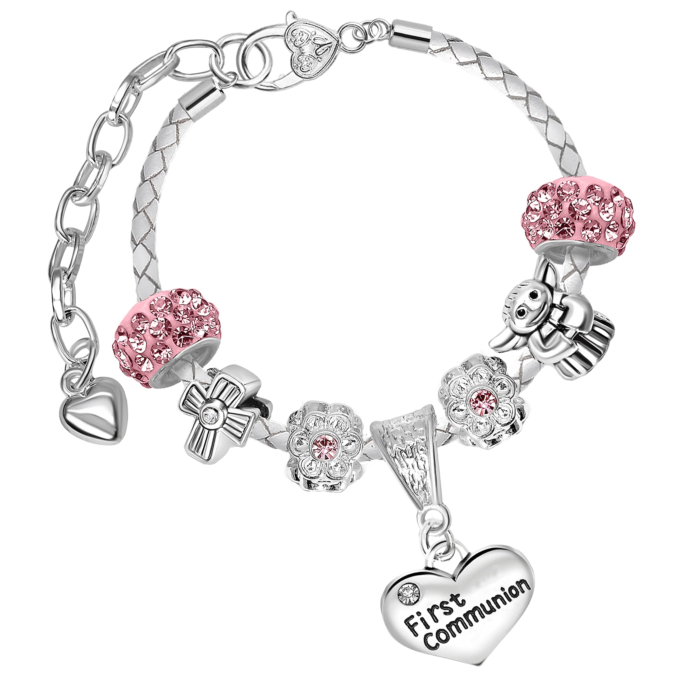 First Holy Communion Glitter Sparkles Charm Bracelet and Gift Box for Girls (6. White Leather Pink Beads)